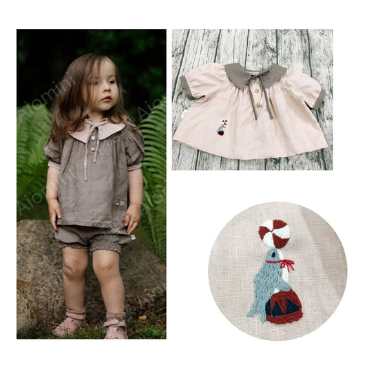 Girls Linen Short-Sleeve Shirt - Forest-Style Contrast Collar