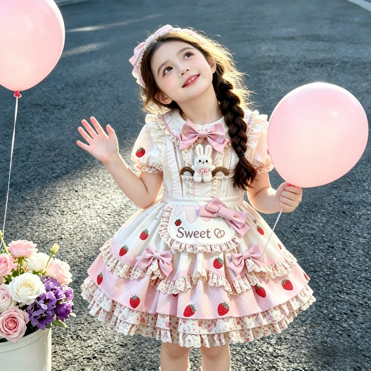 Girls Strawberry-Bunny Lolita Dress - Sleeveless Puffy Princess Gown