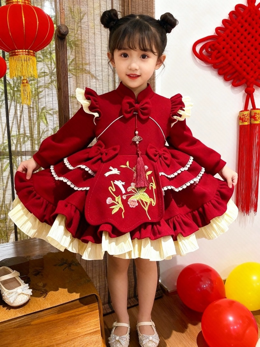 Girls Red Fleece-Lined Lolita Birthday Dress - Festive Puffy Gown