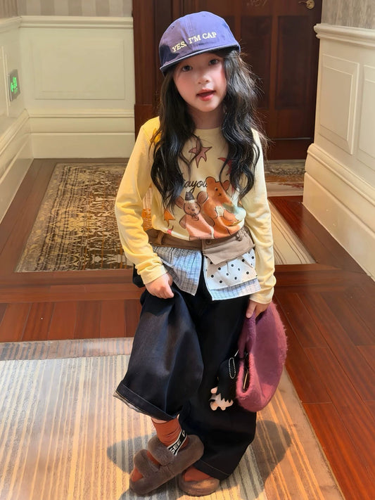 Girls Cartoon Tee & Skirt-Panel Jeans Set - Cotton Autumn
