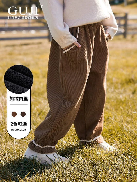 Girls Fleece-Lined Corduroy Joggers - Ruffle-Cuff Warm Pants