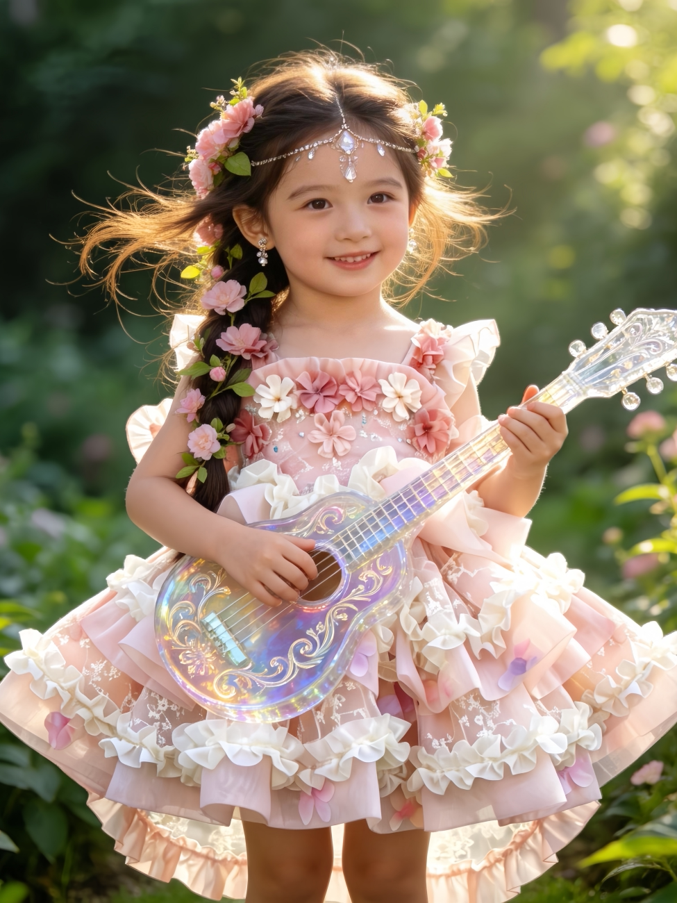 Girls Flower-Fairy Lolita Dress - Pink Puffy Birthday Gown with Train Option