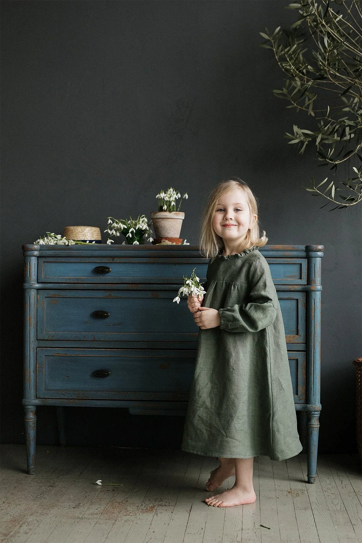 Pure Linen Lace-Collar Dress - Embroidered Long-Sleeve Autumn