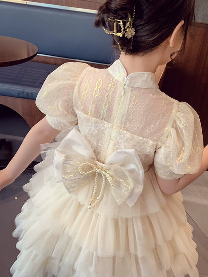 Girls Tulle Cake Dress - Puffy Princess Gown in Apricot