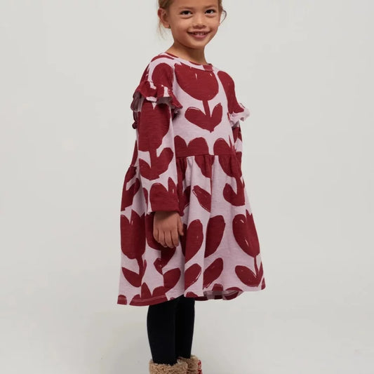 Girls Nordic Linen Dress - Floral Ruffle Long-Sleeve