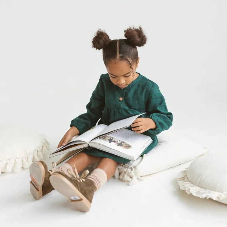 Girls Nordic Linen Dress - Euro-Style Deep Green