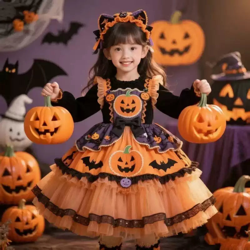 Girls Halloween Pumpkin Lolita Dress - Fleece-Lined Puffy Princess Gown
