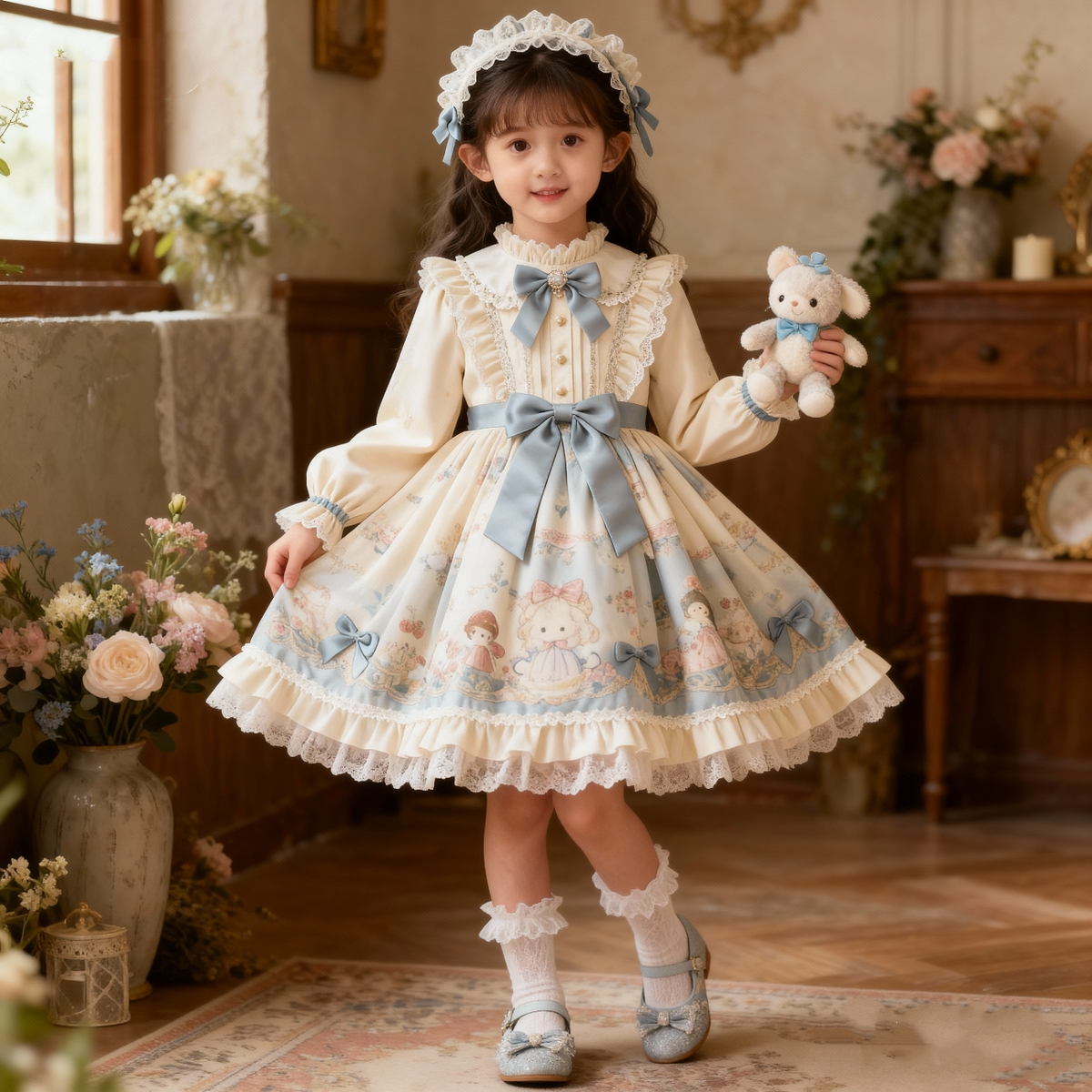 Girls Cartoon Lolita Dress - Fleece-Lined Sweet Birthday Gown with Headpiece