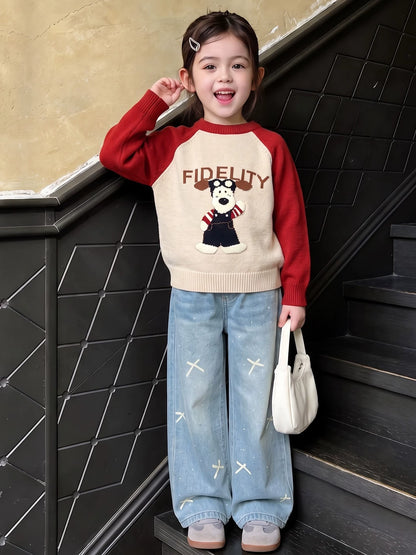 Girls Knit Sweater & Wide-Leg Jeans Set - Soft Autumn Two-Piece