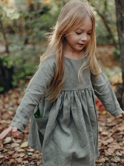 Couture Linen Girls Dress - Long-Sleeve Everyday Autumn Dress