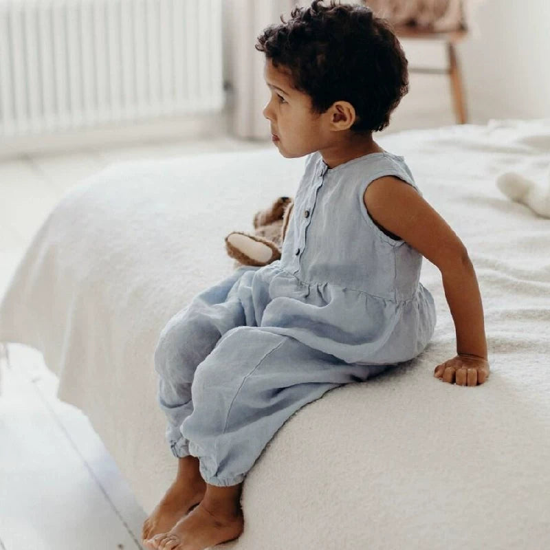 Alice Sleeveless Linen Romper - Embroidered Baby Crawling Suit