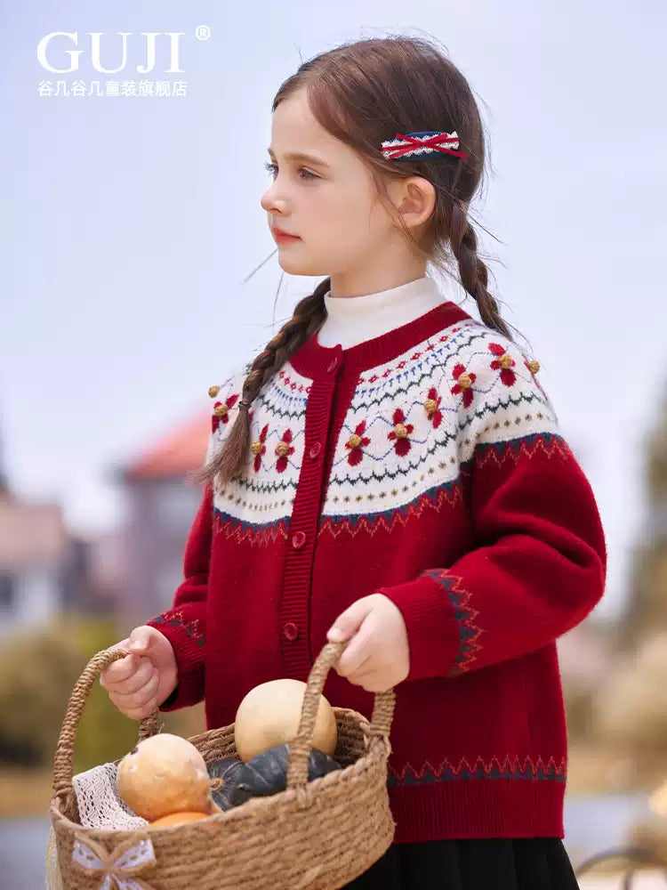 Girls Festive Red Knit Cardigan - Round Neck Holiday Sweater