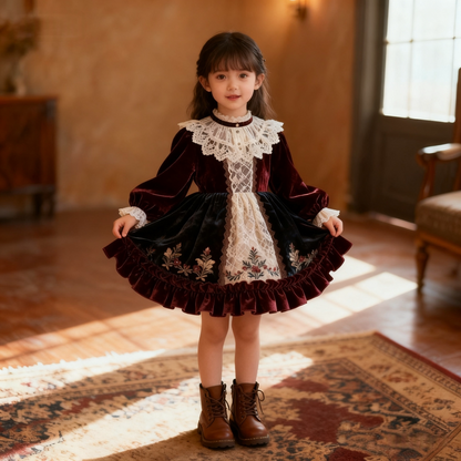 Girls Court-Style Lolita Dress - Wine-Red Birthday Princess Gown, Unlined or Fleece-Lined