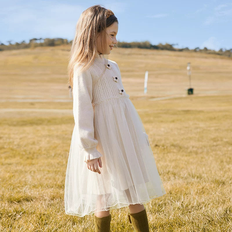Girls Winter Tulle Princess Dress - Puffy Knit-Top Gown