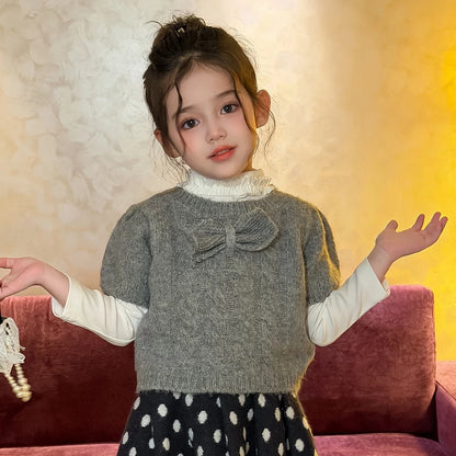 Girls Bow Knit Vest & Sweater Skirt Set - Sweet Autumn