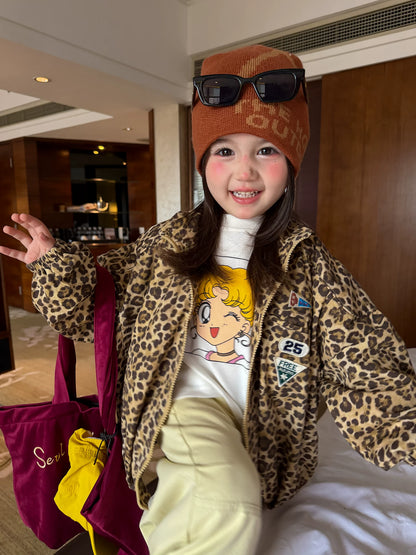 Girls Leopard Print Jacket Set - Retro Zip-Up Autumn Three-Piece
