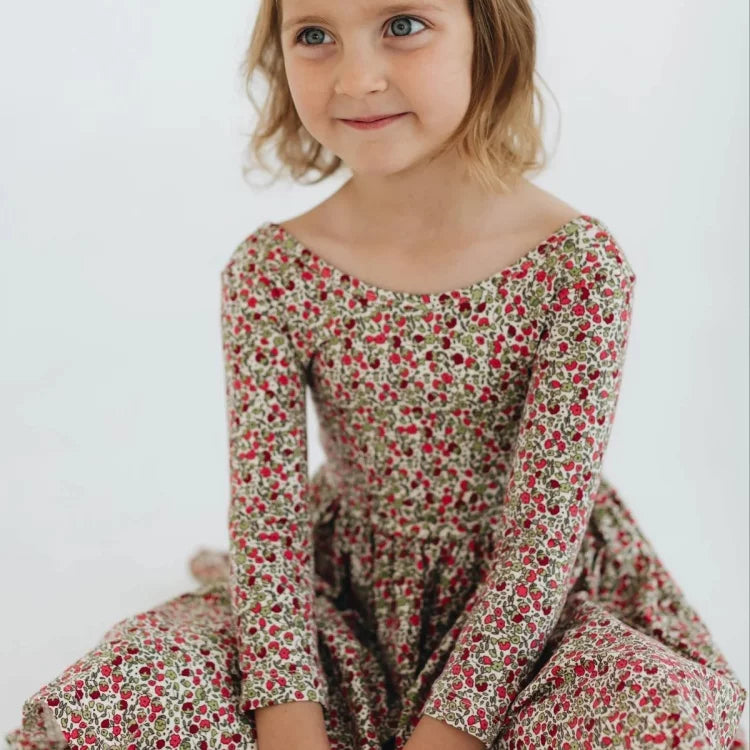Girls Nordic Linen Dress - Crimson Floral Long-Sleeve