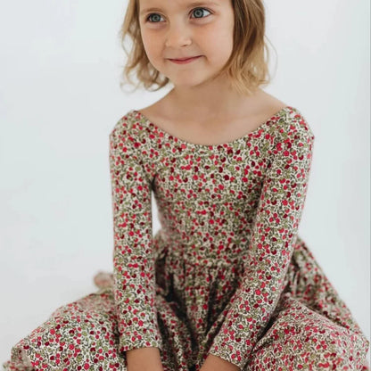 Girls Nordic Linen Dress - Crimson Floral Long-Sleeve