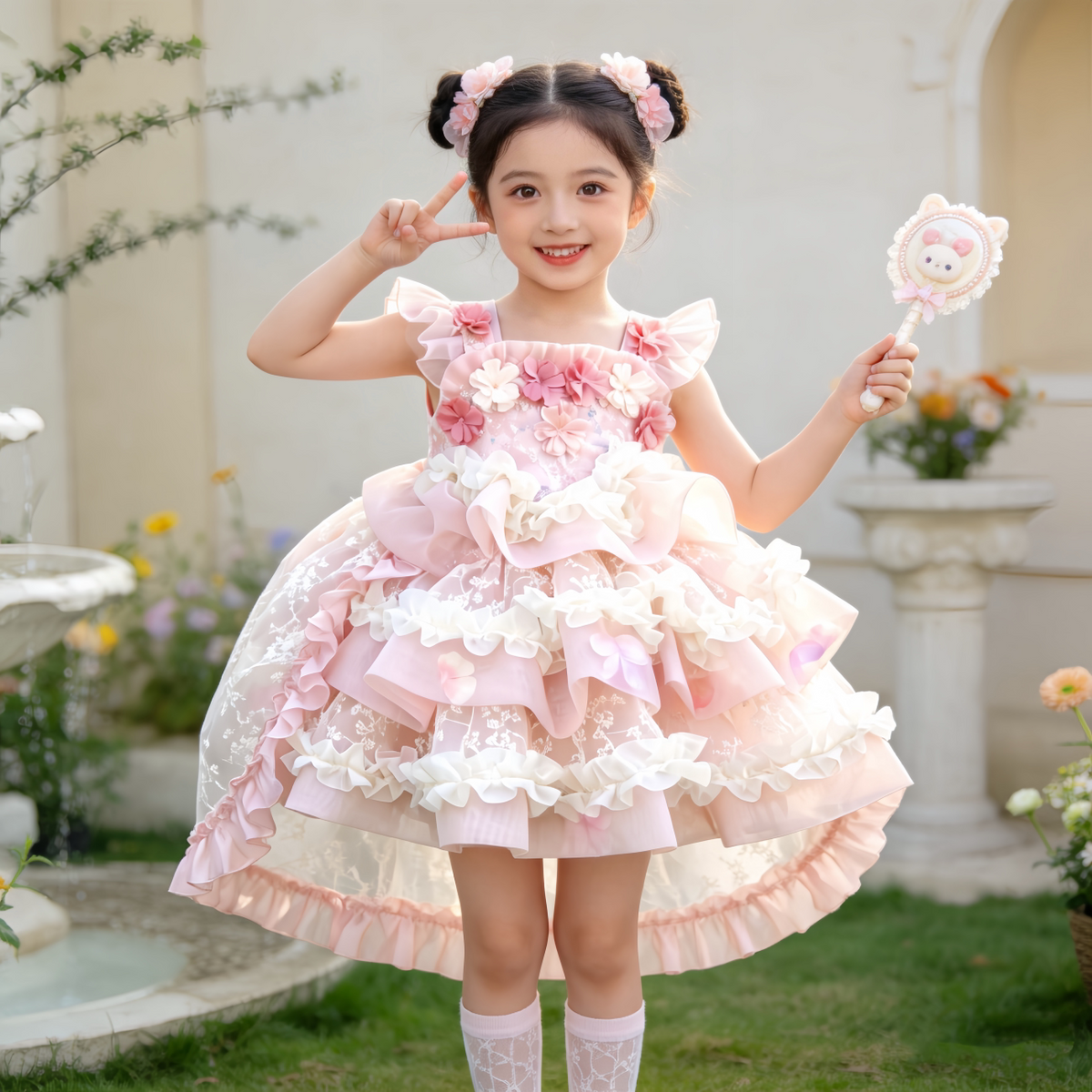 Girls Flower-Fairy Couture Lolita Dress - Puffy Birthday Princess Gown with Train Options