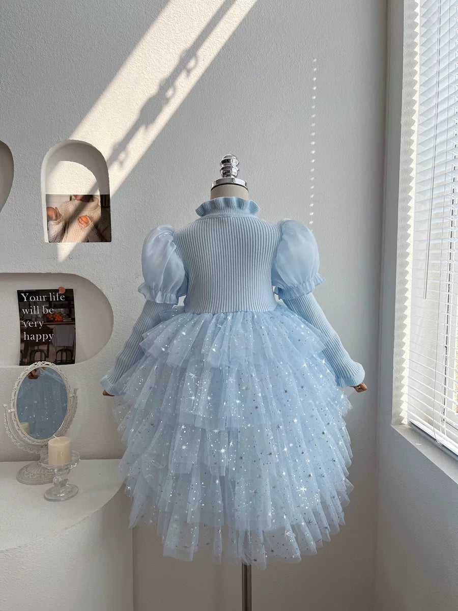 Girls Elsa-Blue Cake Dress - Fleece-Lined Birthday Princess Gown
