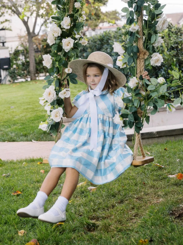 Girls Nordic Linen Dress - Blue-White Check Autumn