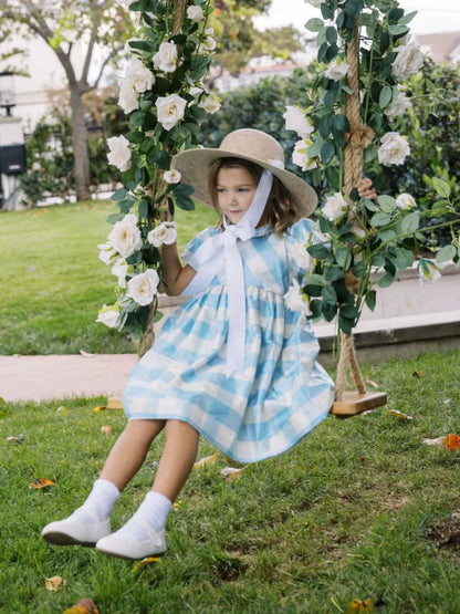 Girls Nordic Linen Dress - Blue-White Check Autumn