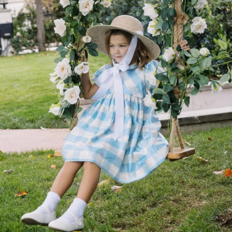 Girls Nordic Linen Dress - Blue-White Check Autumn