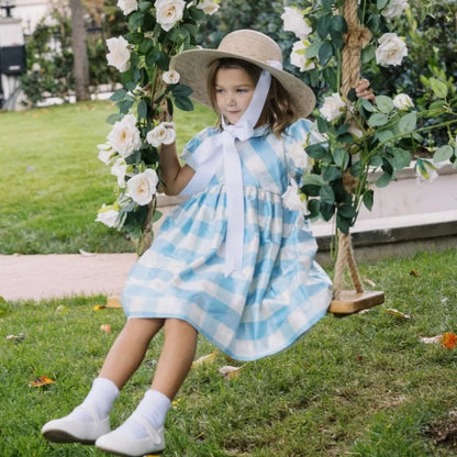 Girls Nordic Linen Dress - Blue-White Check Autumn