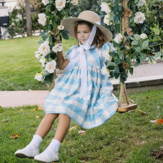 Girls Nordic Linen Dress - Blue-White Check Autumn