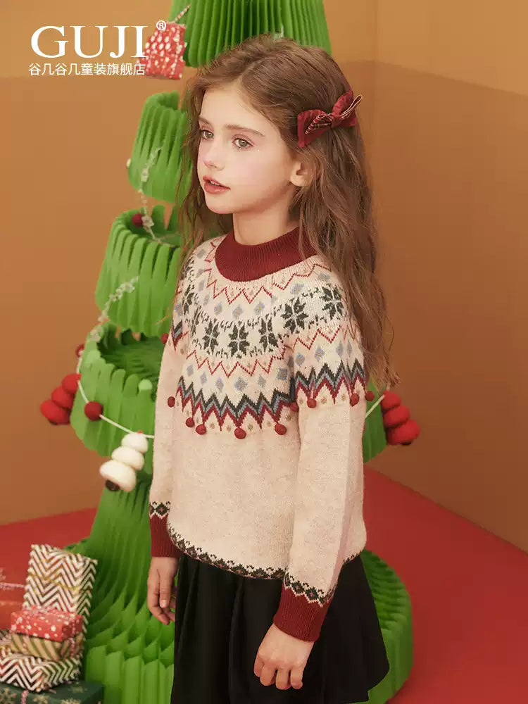 Girls Christmas Knit Sweater - Pom-Pom Festive Holiday Top