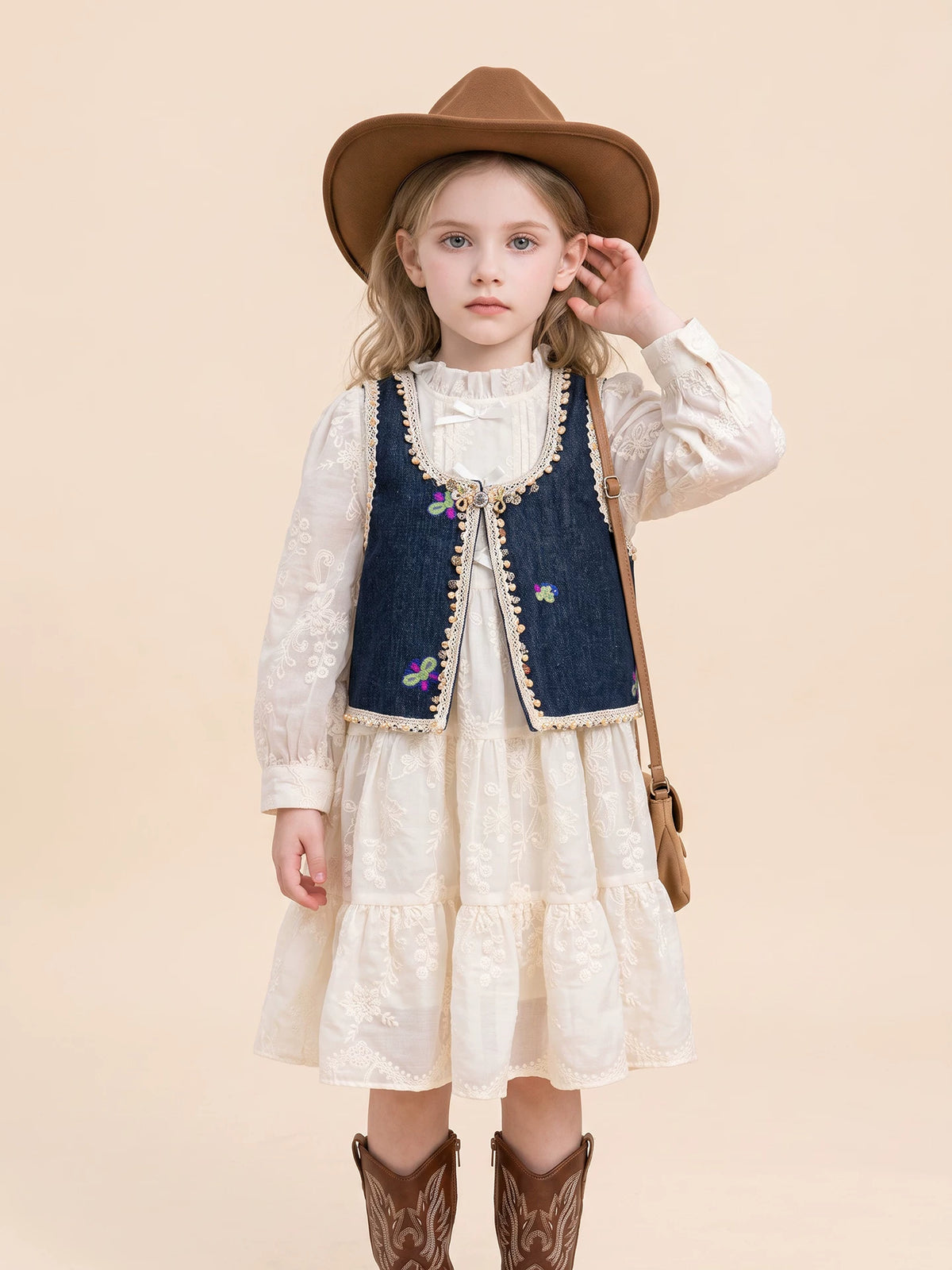 Girls Denim Vest & Lace Dress Set - Autumn Two-Piece