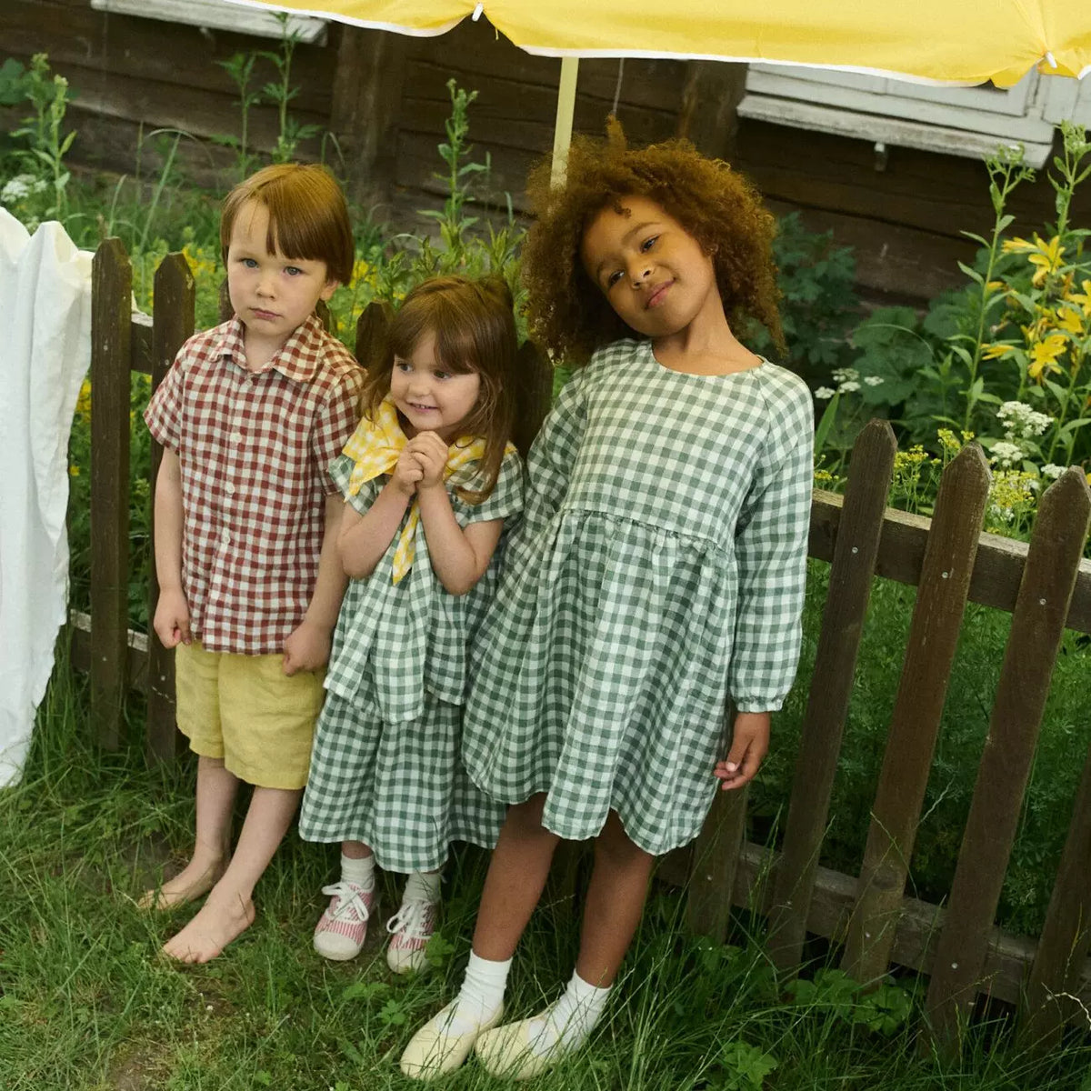 Girls Nordic Linen Dress - Green-White Check