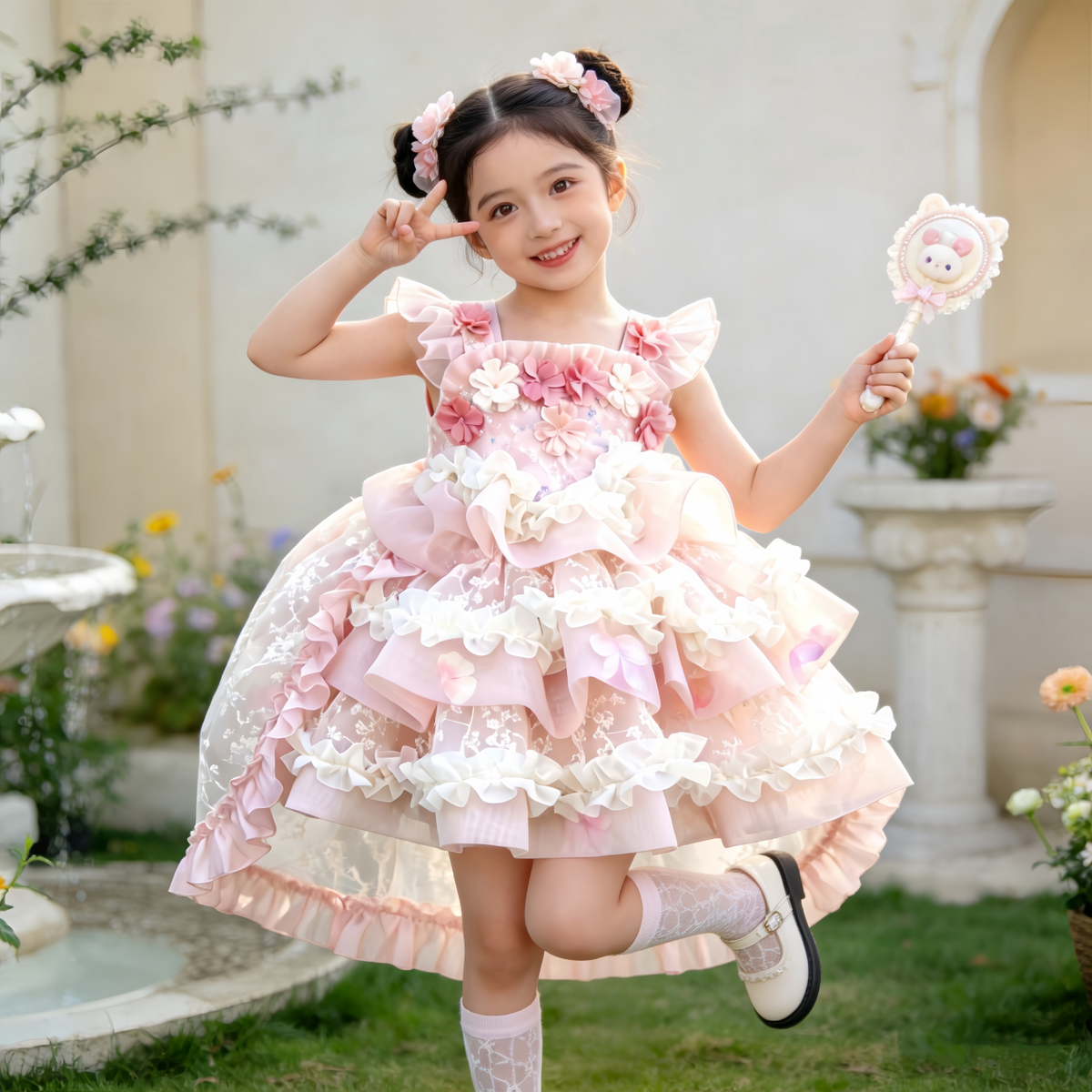 Girls Flower-Fairy Couture Lolita Dress - Puffy Birthday Princess Gown with Train Options