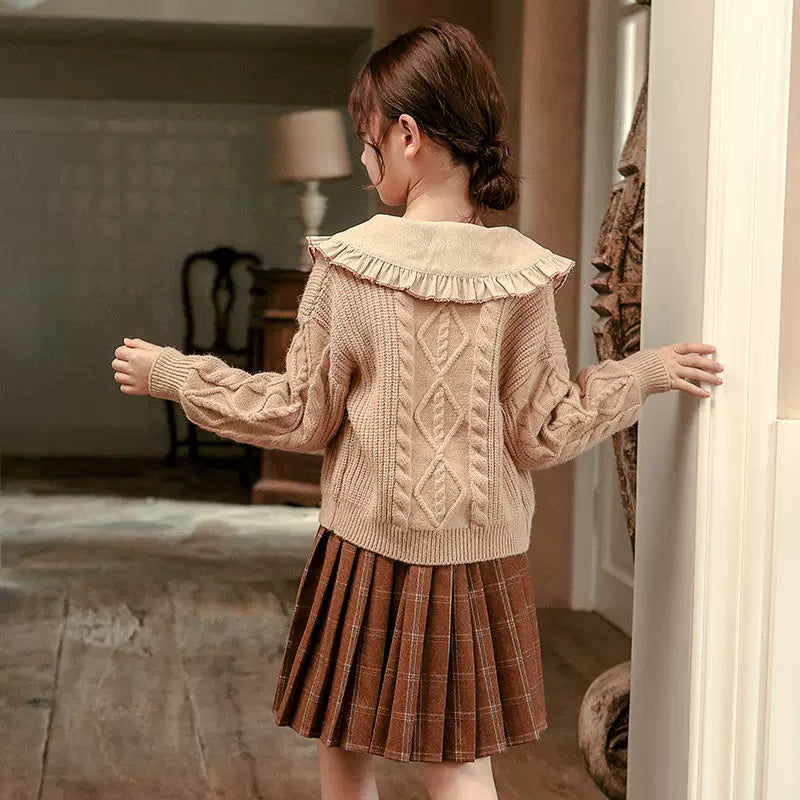 Girls Sweater & Pleated-Skirt Set - Preppy Three-Piece with Separates