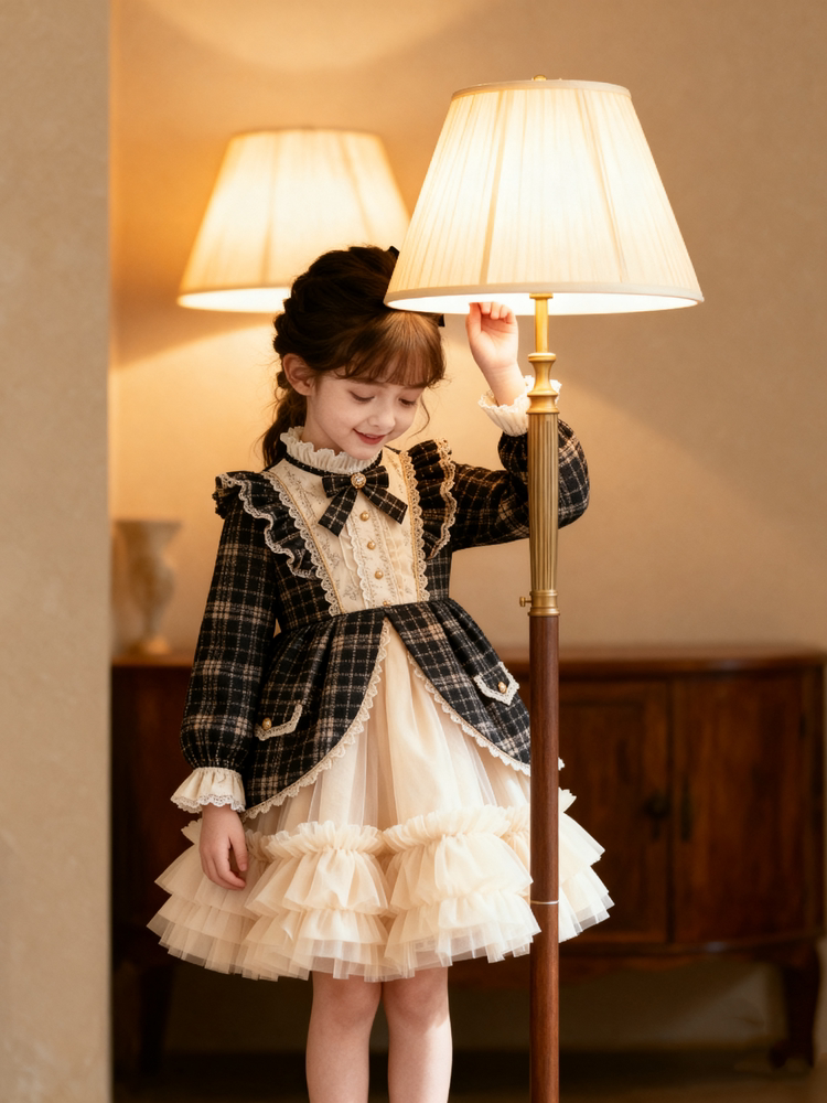 Girls Chanel-Style Lolita Dress - Fleece-Lined Tulle Birthday Princess Gown