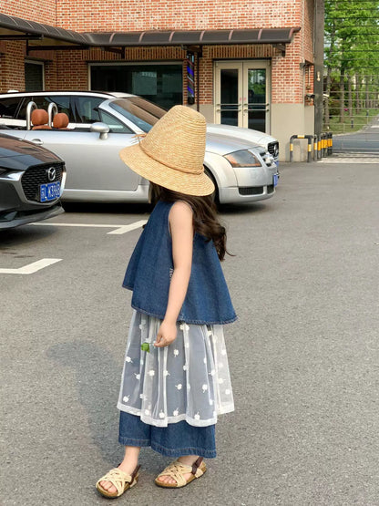 Girls Denim Vest & Wide-Leg Pants Set with Mesh Skirt - Summer Layering