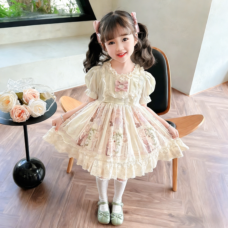 Girls Teddy-Bear Lolita Sundress - Short-Sleeve Puffy Flower-Girl Dress