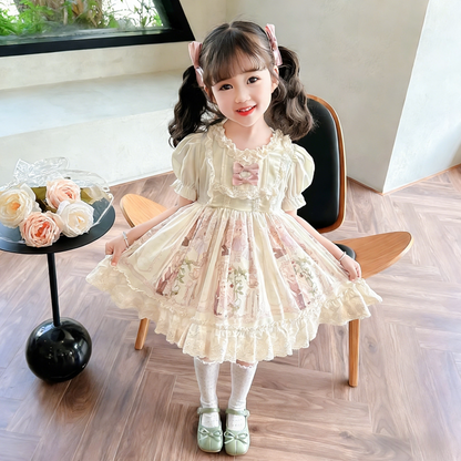 Girls Teddy-Bear Lolita Sundress - Short-Sleeve Puffy Flower-Girl Dress