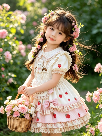 Girls Strawberry Lolita Sundress - Cute Puffy Princess Dress with Hair Accessory