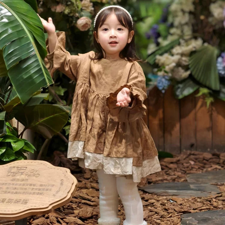 Girls Belgium Linen Long Dress - Khaki Relaxed Fit