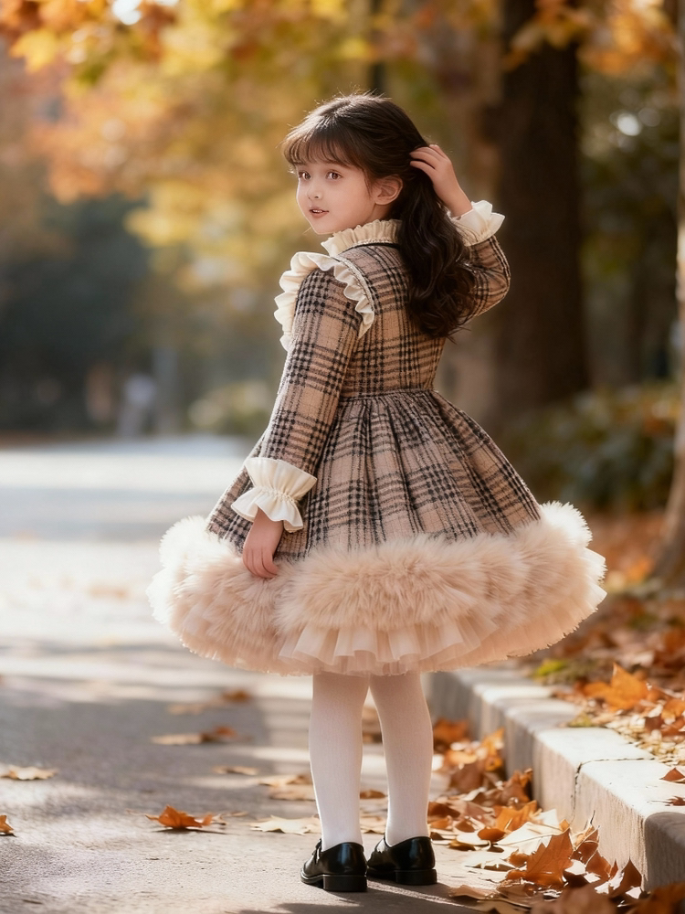 Girls Heiress-Style Fleece-Lined Lolita Dress - Retro Khaki Princess Gown