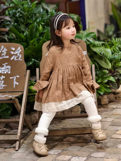 Girls Belgium Linen Long Dress - Khaki Relaxed Fit