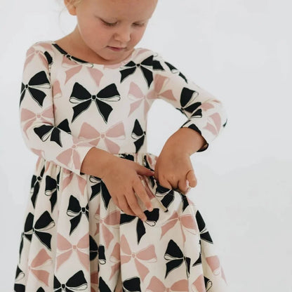 Girls Nordic Linen Dress - Black Bow Long-Sleeve Autumn