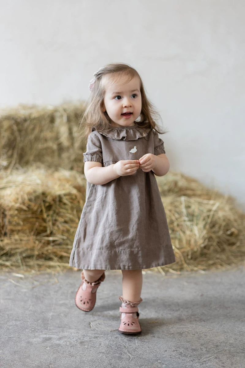 Girls Nordic Linen Dress with Ruffle Collar - Alice Embroidery Short Sleeve