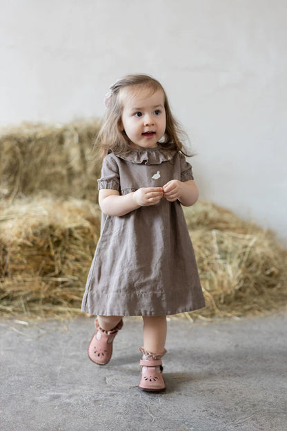 Girls Nordic Linen Dress with Ruffle Collar - Alice Embroidery Short Sleeve