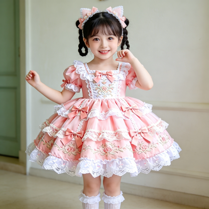 Girls Lace-Embroidered Lolita Dress - Premium Puffy Birthday Princess Gown