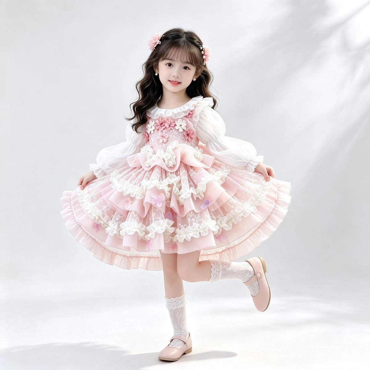Girls Flower-Fairy Long-Sleeve Lolita Dress - Birthday Puffy Gown with Base Top & Train Options