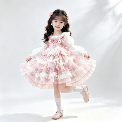 Girls Flower-Fairy Long-Sleeve Lolita Dress - Birthday Puffy Gown with Base Top & Train Options