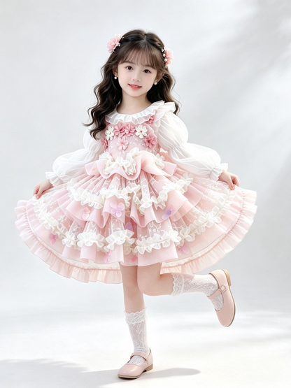Girls Flower-Fairy Long-Sleeve Lolita Dress - Birthday Puffy Gown with Base Top & Train Options