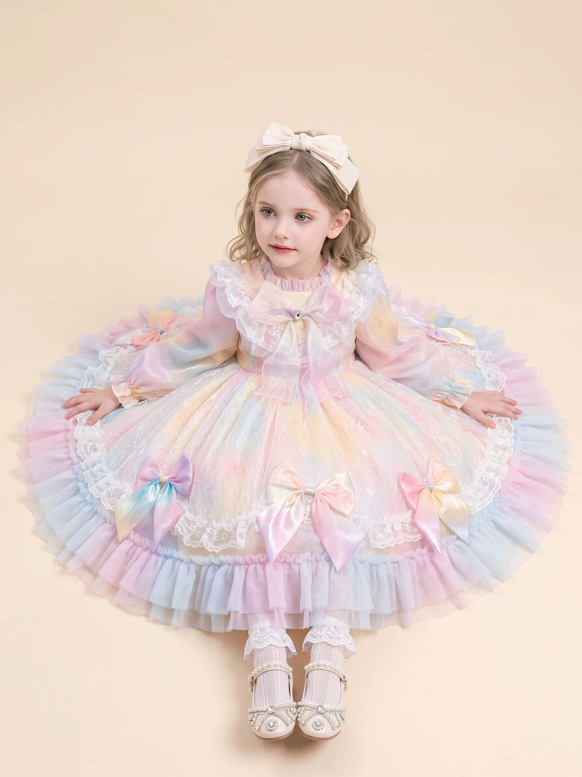 Girls Long-Sleeve Lolita Dress - Puffy Tulle Princess Dress in Pink